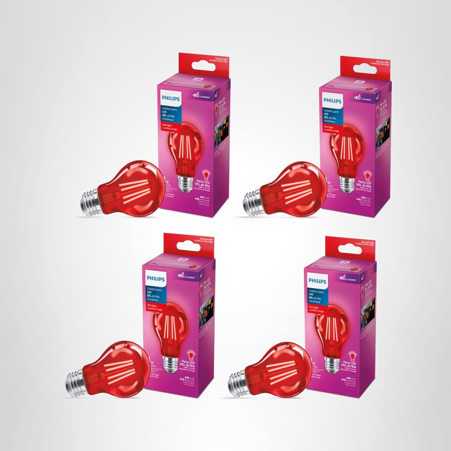 PHILIPS LED 40W A19 4-Pack Red Party Flicker-Free Light Bulbs